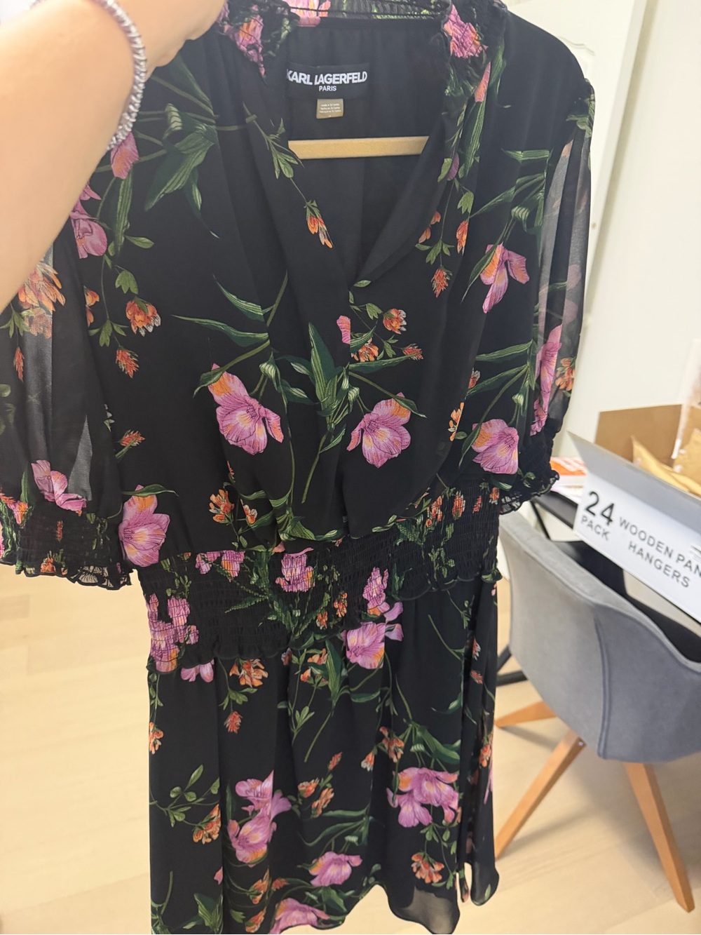 Karl Lagerfeld Black Floral Short Dress with Pink & Green Botanicals
